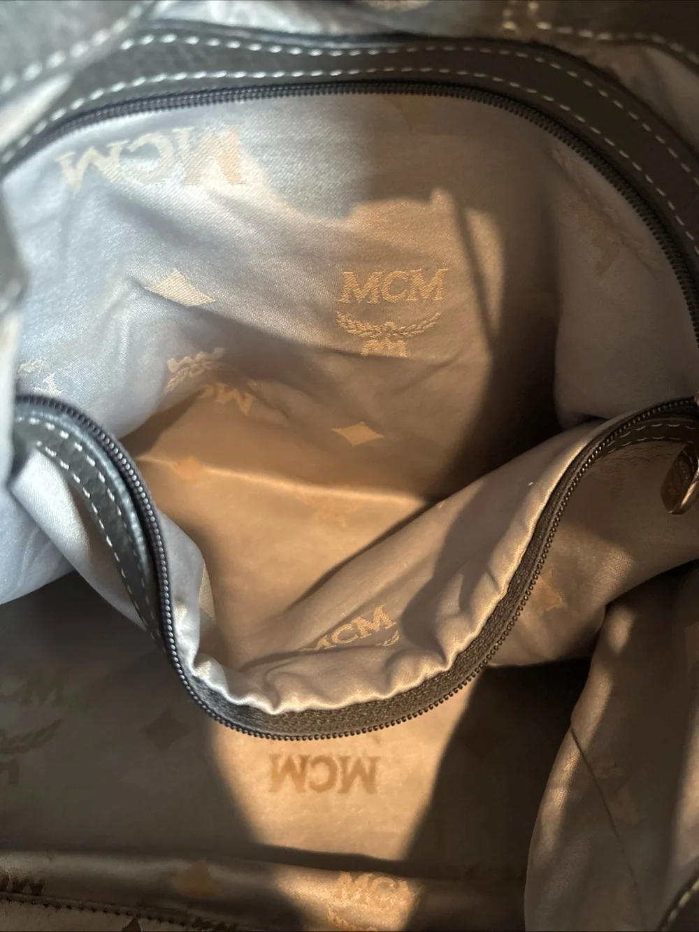 MCM Gray Drawstring Tote Bag with Chain Handle